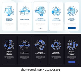 Jobs coders can get night and day mode onboarding mobile app screen. Engineer walkthrough 5 steps graphic instructions pages with concepts. UI, UX, GUI template. Myriad Pro-Bold, Regular fonts used