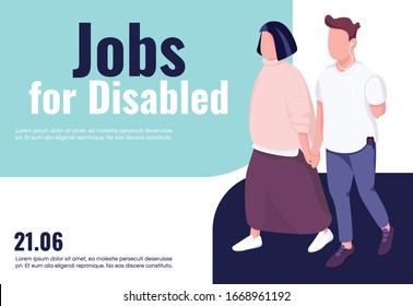 Jobs for disabled banner flat vector template. Brochure, poster concept design with cartoon characters. Handicapped people inclusion and accessibility horizontal flyer, leaflet with place for text