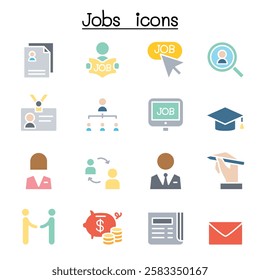 Jobs icon set in flat color style