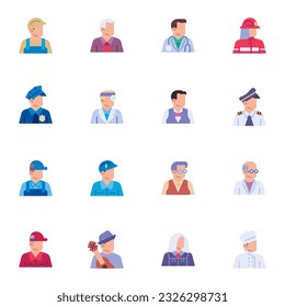 Jobs and Occupations elements collection, people profession flat icons set, Colorful symbol pack contains - doctor, policeman, teacher, judge, fireman, musician. Vector illustration. Flat style design