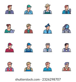 Jobs and Occupations filled outline icons set, People profession line vector symbol collection, linear colorful pictogram pack. Signs, logo illustration, Set includes icons as farmer, doctor, teacher