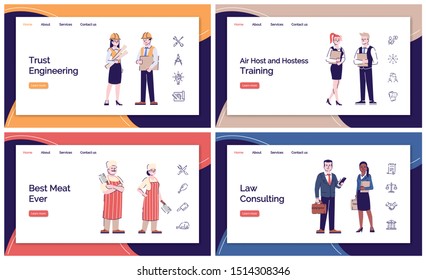 Jobs and occupations landing page vector template. Services industry website interface idea with flat illustrations. Hostess, architects, butchers homepage layout. Web banner, webpage cartoon concept