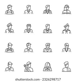 Jobs and Occupations line icons set, people profession outline vector symbol collection, linear style pictogram pack. Signs, logo illustration. Set includes icons as doctor, policeman, teacher, judge