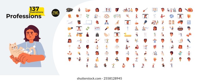 Jobs professions cartoon flat illustrations mega bundle. Labour work. Workplace diversity 2D images isolated on white. Videoconference, deadline, laptop employees collection vector drawings colorful