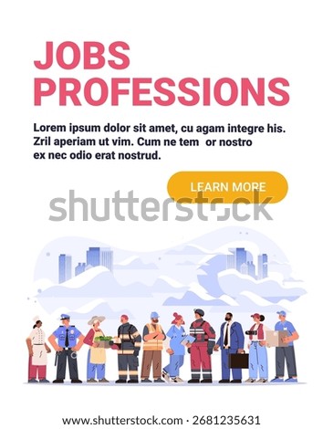 Jobs professions diverse workers group cityscape background various occupations chef police farmer firefighter doctor construction business delivery