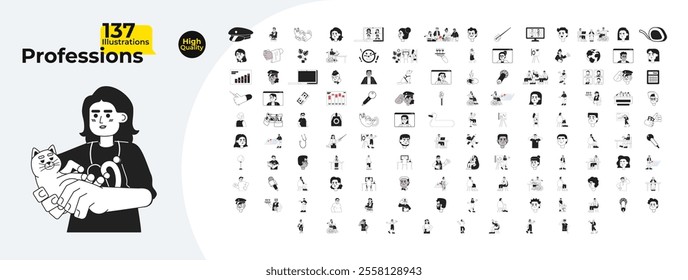 Jobs professions outline illustrations mega bundle. Labour work. Workplace diversity 2D linear images isolated. Videoconference, deadline, laptop employees collection black and white vector drawings