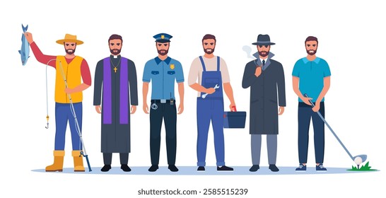 Jobs and professions set. Men in uniforms, different occupation, work. Same man character in different occupations.