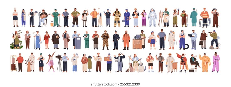 Jobs and professions set. People in uniforms, different occupation, work. Worker, doctor, chef, farmer, business man, cleaner and maid. Flat graphic vector illustrations isolated on white background