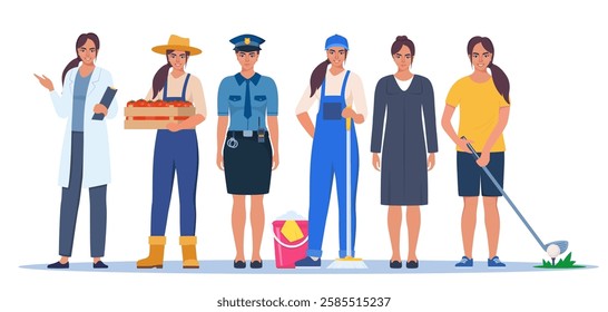 Jobs and professions set. Women in uniforms, different occupation, work. Same woman character in different occupations.