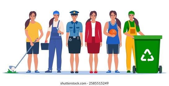 Jobs and professions set. Women in uniforms, different occupation, work. Same woman character in different occupations.