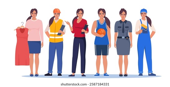 Jobs and professions set. Women in uniforms, different occupation, work. Same woman character in different occupations.