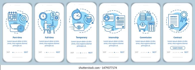 Jobs Types Blue Onboarding Mobile App Page Screen With Linear Concepts. Part-time, Temporary, Internship Walkthrough Steps Graphic Instructions. UX, UI, GUI Vector Template With Illustrations