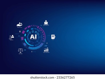 Jobs will replace by AI in future. Artificial intelligence smart technology. Banner dark blue background. High tech. Cover, Poster, Presentation, Business, infographic