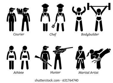 Jobs, Works and Occupations for Women. Artworks depict lady courier worker, female chef, woman hunter, female athlete, bodybuilder, and girl martial artist.