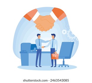Jobseeker and employer sit at the table and talk. Good impression. Simple concept with working situation, recruitment or hiring. flat vector modern illustration 