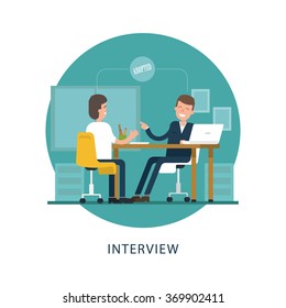 Jobseeker and employer sit at the table and talk. Good impression. Adopted. Vector scene in the circle on white background. Simple concept with working situation in flat style. Hiring. Recruitment.