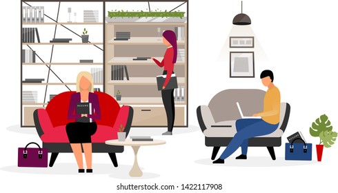 Jobseekers waiting for interview flat illustration. HR agency office interior. Secretary with folders in bookcase. Male, female candidates, applicants preparing for human resources department meeting