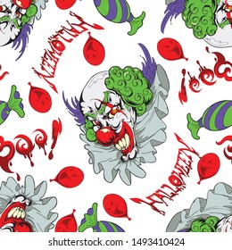 jocker with balloon ghost  and  candy halloween typhography design for cartoon doodle seamless pattern with white tone 