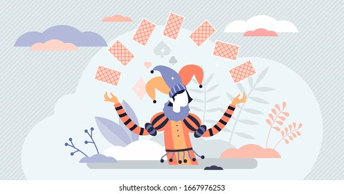 Jocker Card Game Character Concept, Flat Tiny Person Vector Illustration. Abstract Life And Business Risk Taking Symbol. Tricky Fortune Promising Person. Gambling And Relying On The Luck.