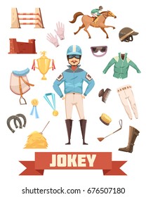 Jockey ammunition decorative icons retro collection with gloves comb boots saddle medals and prizes cartoon vector illustration