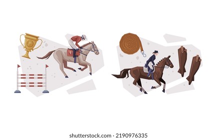 Jockey Club with Man Riding Horse Sitting on Horseback in Saddle Vector Composition Set