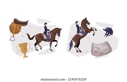 Jockey Club with Man Riding Horse Sitting on Horseback in Saddle Vector Composition Set