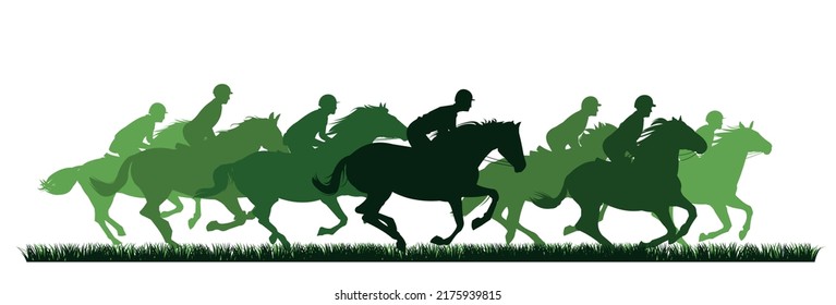 Jockey competition. Horses ride fast. Image silhouette. Sports and sporting pet animals. Isolated on white background. Vector.