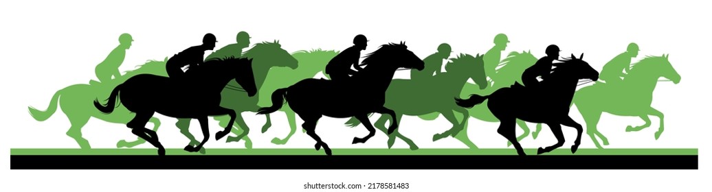 Jockey competition. Horses ride fast. Image silhouette. Sports and sporting pet animals. Isolated on white background. Vector