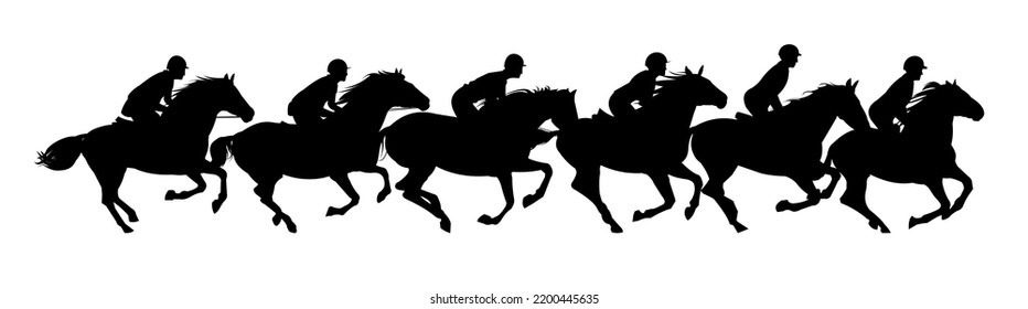 Jockey competition. Horses ride fast. Image silhouette. Sports and sporting pet animals. Isolated on white background. Vector.