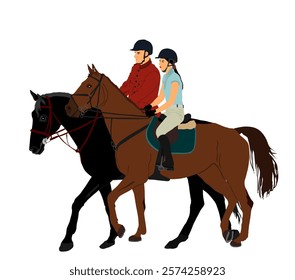 Jockey couple woman and man riding elegant racing horse vector illustration isolated on white.  Hippodrome sport event. Female Jet set entertainment. Equestrian rider lady jumping over barrier.