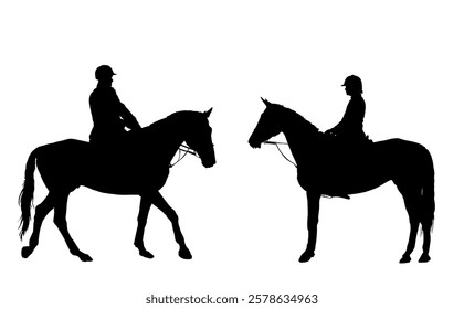 Jockey couple woman and man riding elegant racing horse vector silhouette illustration isolated white. Hippodrome female sport event. Jet set entertainment. Equestrian rider lady jumping over barrier.