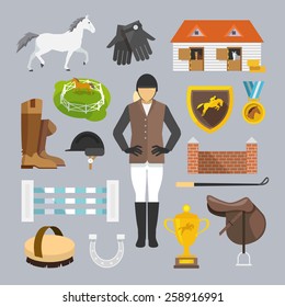 Jockey decorative icons flat set with horse grooming brush champion trophy isolated vector illustration