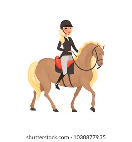 Jockey girl riding horse, equestrian professional sport vector Illustration