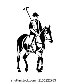 jockey holding mallet and riding polo pony horse - horseback sportsman black and white vector outline