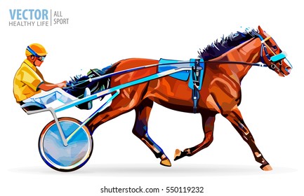 Jockey y caballo.Campeón. Carreras. Hipódromo. Corazón de carreras que viene primero a la línea de meta. Carro con caballo y jinete. Pista de carreras de Stallion. Carrera de caballos en el Hippodrome. Ilustración vectorial.