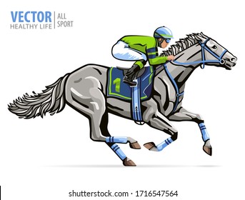 Jockey. Horse rase. Sport. Champion. Hippodrome. Racetrack. Equestrian. Derby. Speed. Isolated on white background. Vector illustration