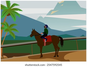 Jockey, um cavaleiro fazendo uma pausa do treinamento nas montanhas. Corrida de cavalos, um esporte equestre que envolve cavalos de corrida rápidos.