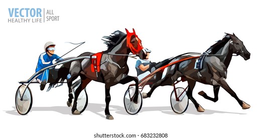 Jockey And Horse. Two Racing Horses Competing With Each Other. Race In Harness With A Sulky Or Racing Bike. Vector Illustration.