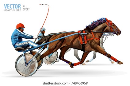 Jockey y caballo. Dos caballos de carreras compitiendo entre sí. Carrera en el mazo con una moto sulky o de carreras. Ilustración vectorial.