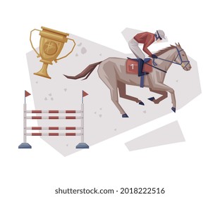 Jockey Jumping on Racing Horse Overcoming of Obstacles, Equestrian Sport Equipment Vector Illustration