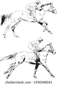 jockey on a galloping horse painted with ink by hand