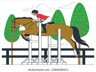 Jockey on horse. Black Horse. Champion. Horse riding. Equestrian sport. Jockey riding jumping. Poster. Sport background. A man on a horse is jumping over an obstacle.