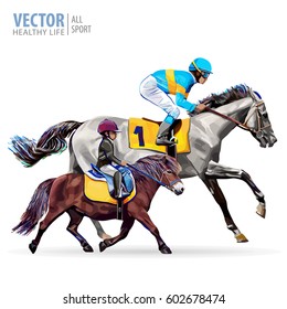 Jockey on horse. Boy riding a pony. Equestrian sport. Riding horse. Champion. Horse racing. Hippodrome. Racetrack. Jump racetrack. Isolated on a white background. Vector illustration.