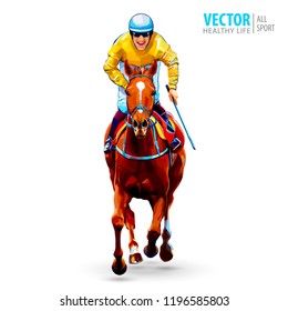 Jockey on horse. Champion. Horse racing. Hippodrome. Racetrack. Jump racetrack. Horse riding. Racing horse coming first to finish line. Isolated on white background. Vector illustration Jockey on horse. Champion. Horse racing. Hippodrome. Racetrack. Jump racetrack. Horse riding. Racing horse coming first to finish line. Isolated on white background. Vector illustration
