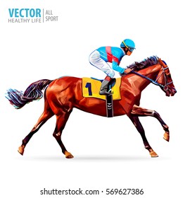 Jockey on horse. Champion. Horse racing. Hippodrome. Racetrack. Jump racetrack. Horse riding. Racing horse coming first to finish line. Vector illustration.