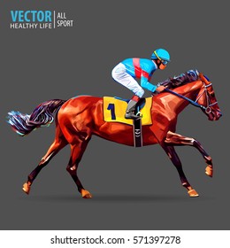 Jockey on horse. Champion. Horse racing. Hippodrome. Racetrack. Jump racetrack. Horse riding. Racing horse coming first to finish line. Vector illustration.