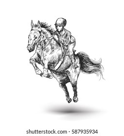 Jockey on horse. Champion. Horse racing. Hippodrome. Racetrack. Jump racetrack. Horse riding, Hand Drawn Sketch Vector illustration.