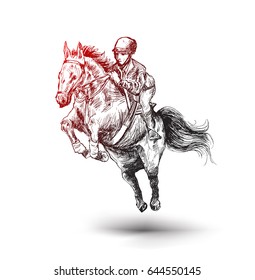 Jockey on horse. Champion. Horse racing. Hippodrome. Racetrack. Jump racetrack. Horse riding, Hand Drawn Sketch Vector illustration.