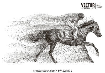 Jockey a cavalo. Campeão. Corrida de cavalos. Hipódromo. Racetrack. Pular pista de corrida. Esporte. Partícula. Isolado em um fundo branco. Ilustração vetorial.