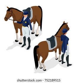 Jockey on the horse. Champion. Horse racing. Hippodrome. Racetrack. Jump racetrack. Isometric vector illustration